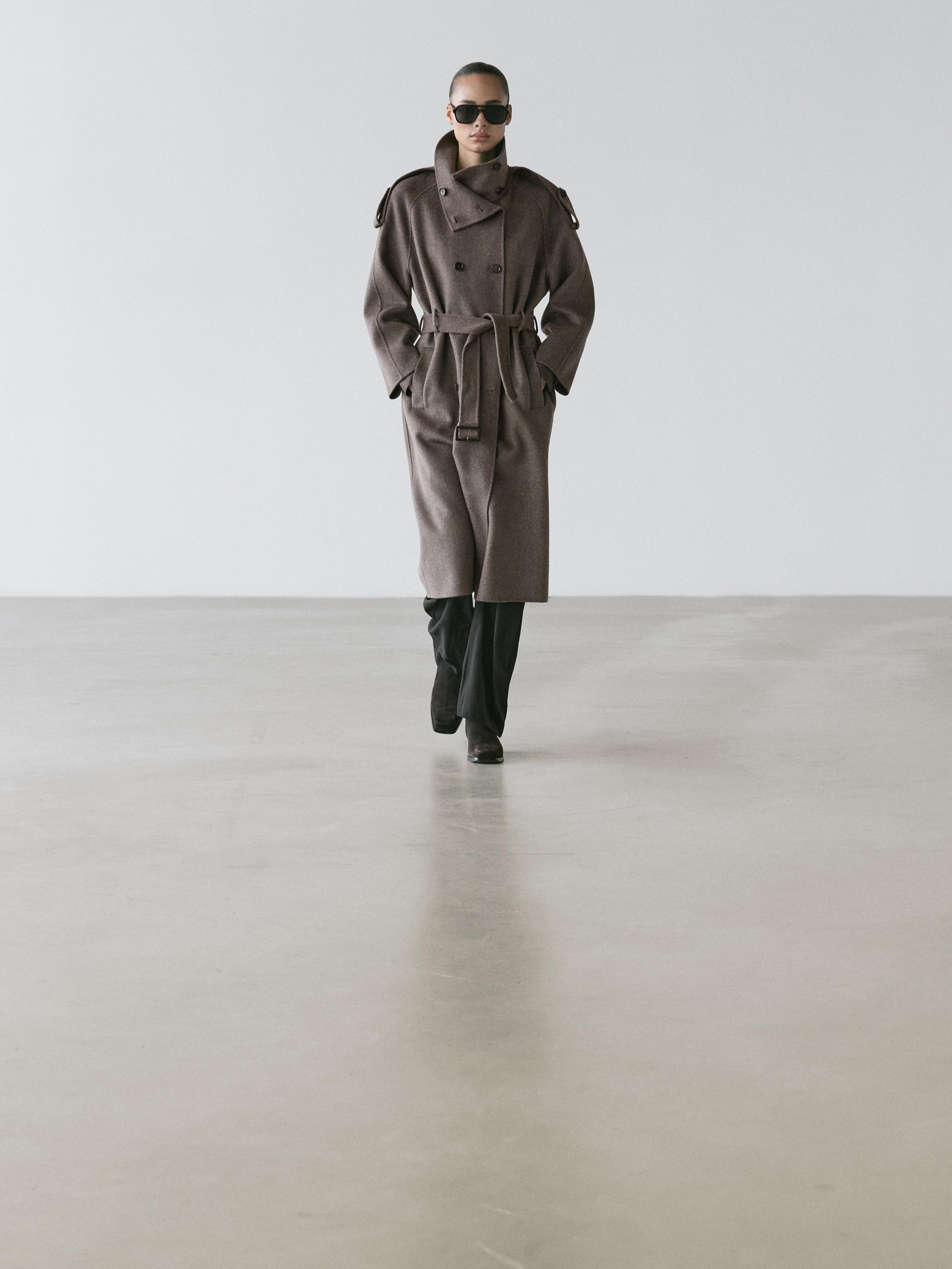 Long wool blend trench coat with belt